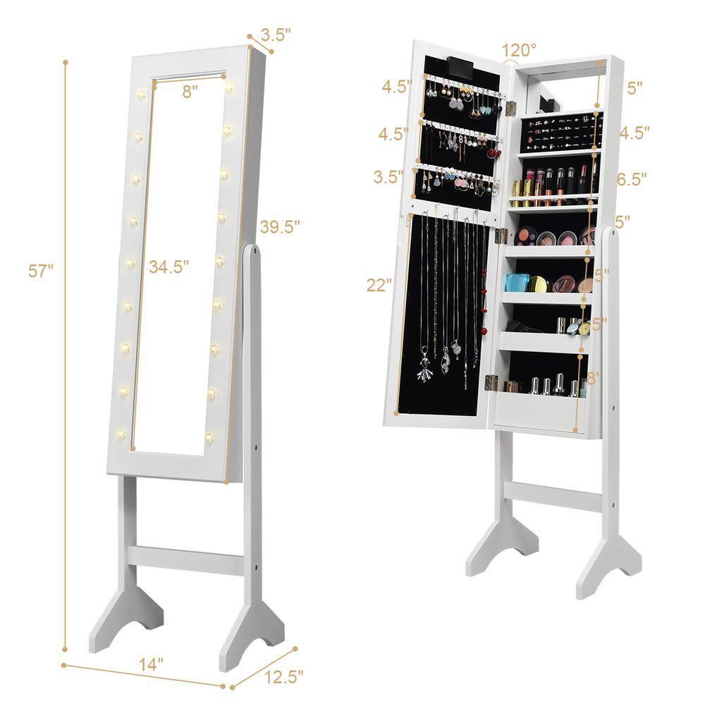 Costway Mirrored Jewelry Cabinet Organizer w/18 LED lights White