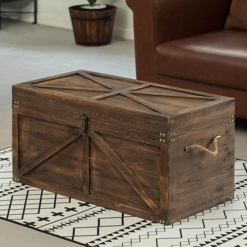 Vintiquewise Vintiquewise Brown Large Wooden Lockable Trunk Farmhouse Style Rustic Design Lined Storage Chest with Rope Handles