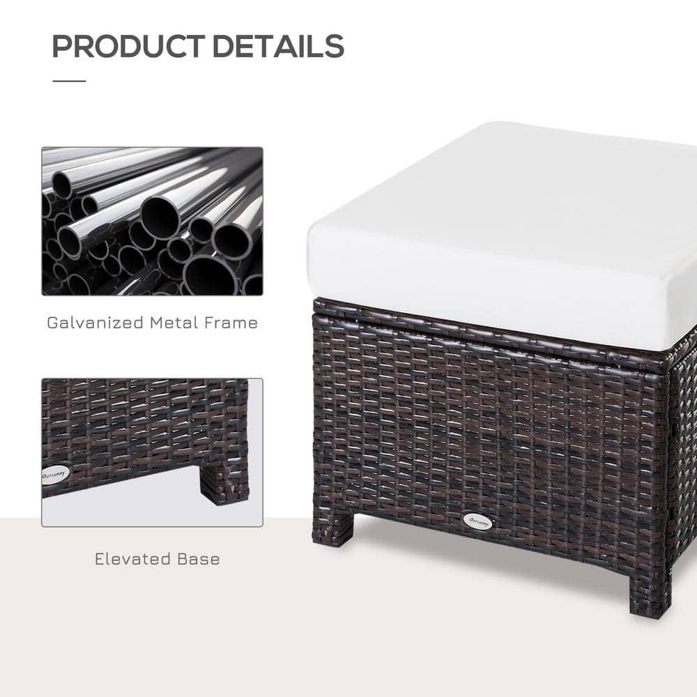 Outsunny 20" Outdoor Ottoman, PE Plastic Rattan Wicker, Fade-Resistant Patio Footrest with Soft Cushion, Steel Frame, Dark Brown, Cream White