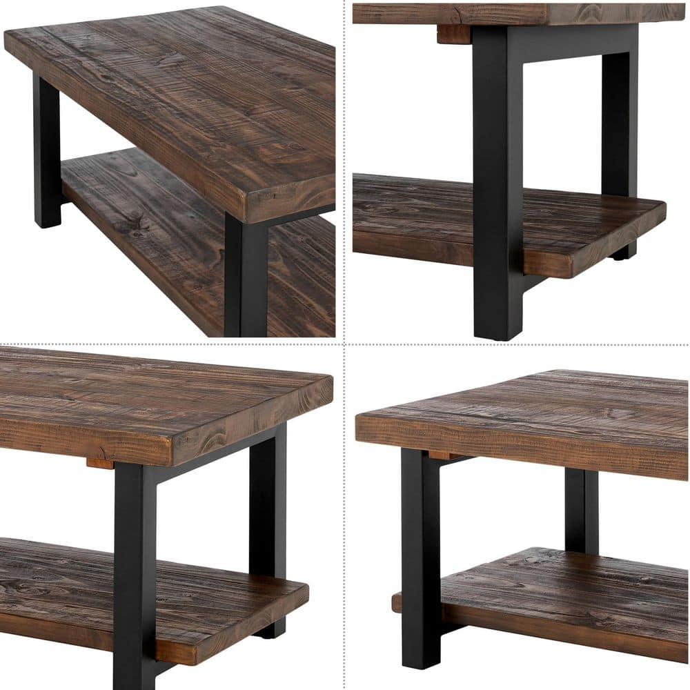 Alaterre Furniture 42" Pomona Wide Coffee Table Wood Rustic Natural: Fixed Shelf, Metal Frame, Living Room Furniture