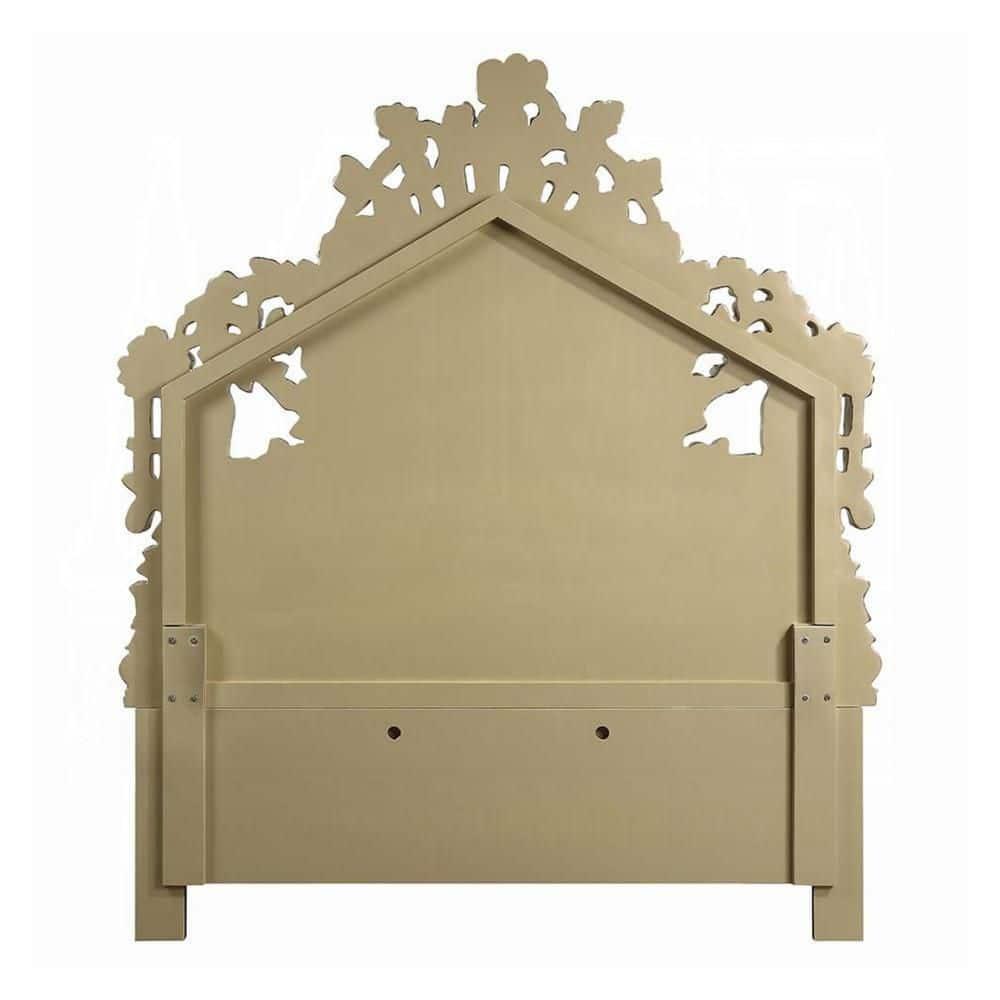 Benjara Rexx King Bed, White Faux Leather Victorian Carved, Classic Gold Wood