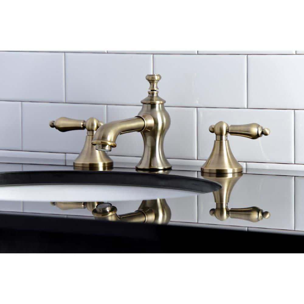 Kingston Brass Vintage Two-Handle 3-Hole Deck Mount Widespread Bathroom Faucet with Brass Pop-Up Drain