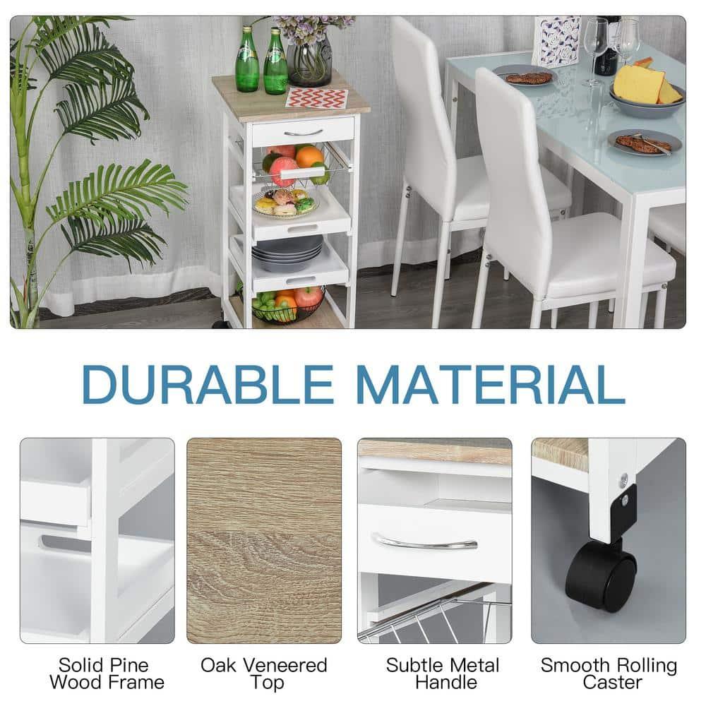 HOMCOM Mobile Rolling Kitchen Island Trolley Serving Cart with Underneath Drawer & Slide-Out Wire Storage Basket, White