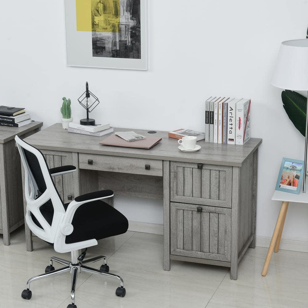 HOMCOM Vintage Executive Computer Desk, Home Office Work station, Student Table with Cabinet & 3 Drawers for Hanging Files, gray