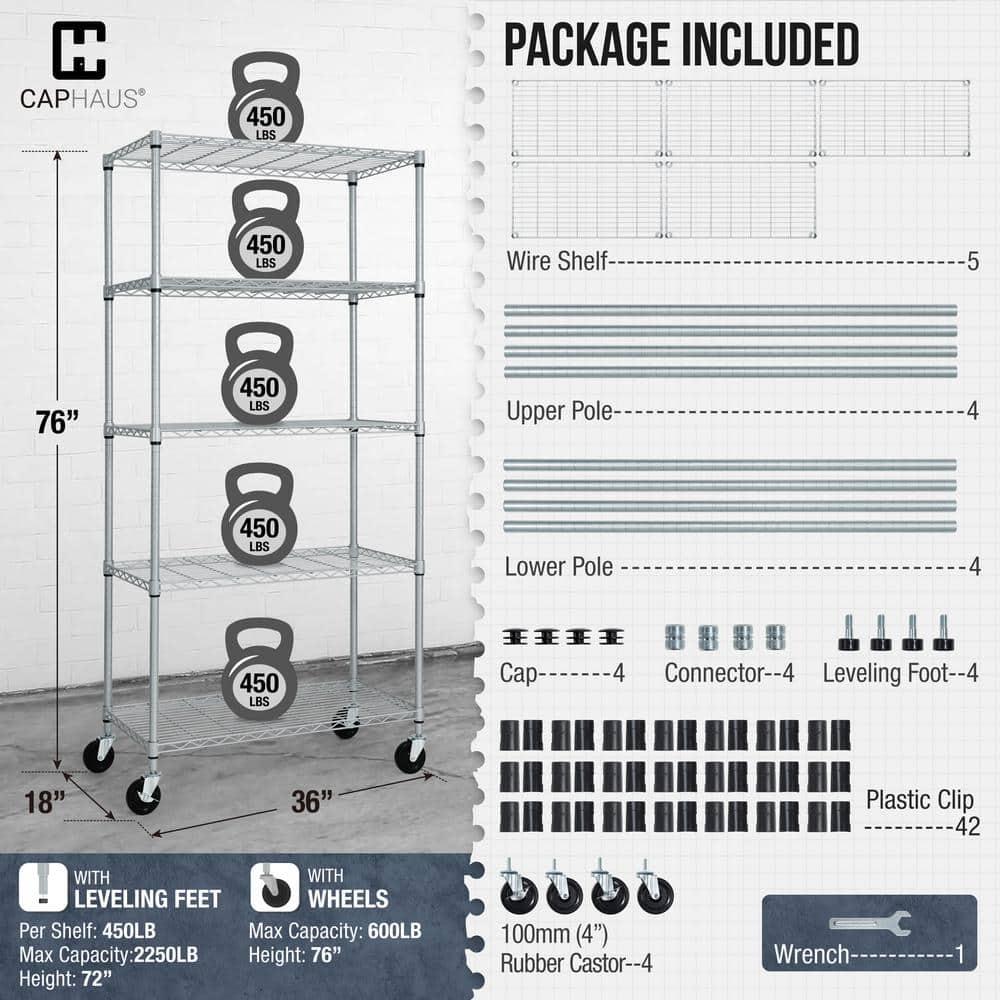 CAPHAUS CAPHAUS NSF Commercial Heavy Duty 5-Tier Adjustable Wire Shelving w/ Wheels, Leveling Feet, 36 x 18 x 76-Inch, Multiple Options