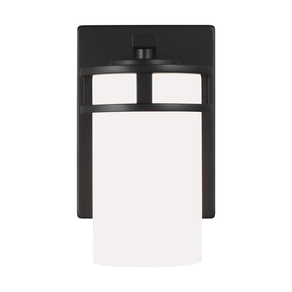 Generation Lighting 4121601-112 Robie Etched/White Glass Cylinder Wall Sconce Lighting Fixture, 1-Light 75 Watt, 8" H x 5" W, Midnight Black
