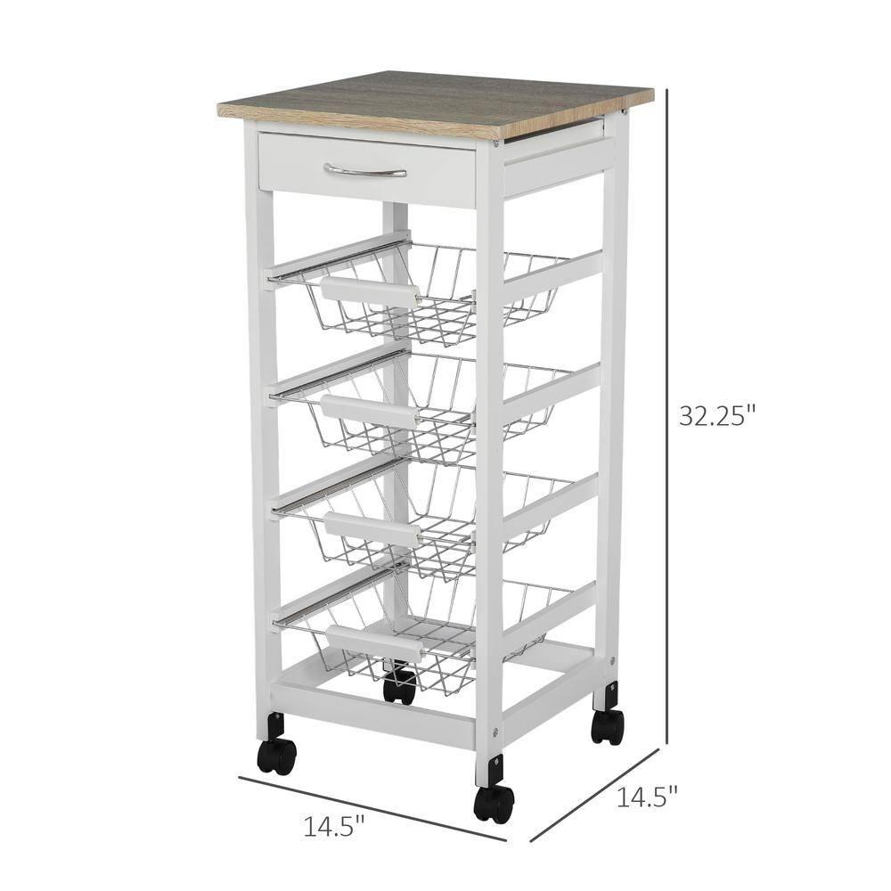 HOMCOM 32.25" Wooden Rolling Kitchen Storage Cart on 360° Swivel Wheels with Ample Storage Space & Solid Structure White