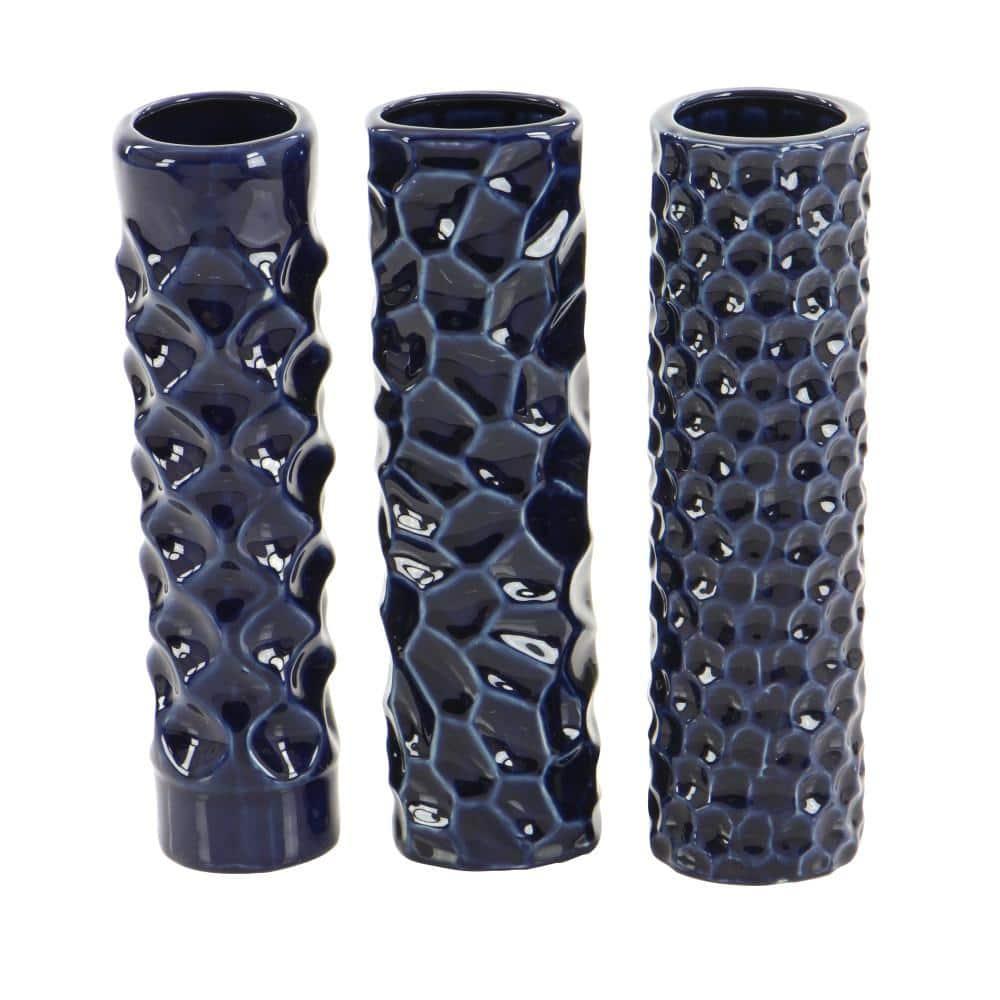 DecMode 3"W, 12"H Dark Blue Ceramic Vase with Varying Patterns, Set of 3