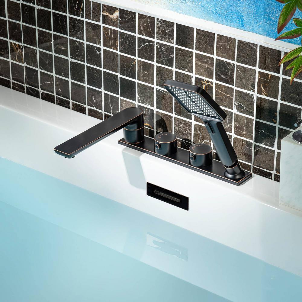 Widespread Deck Mount Roman Tub Faucet With Hand Shower, Two-Handle 4-Holes Bathtub Shower Faucet Set