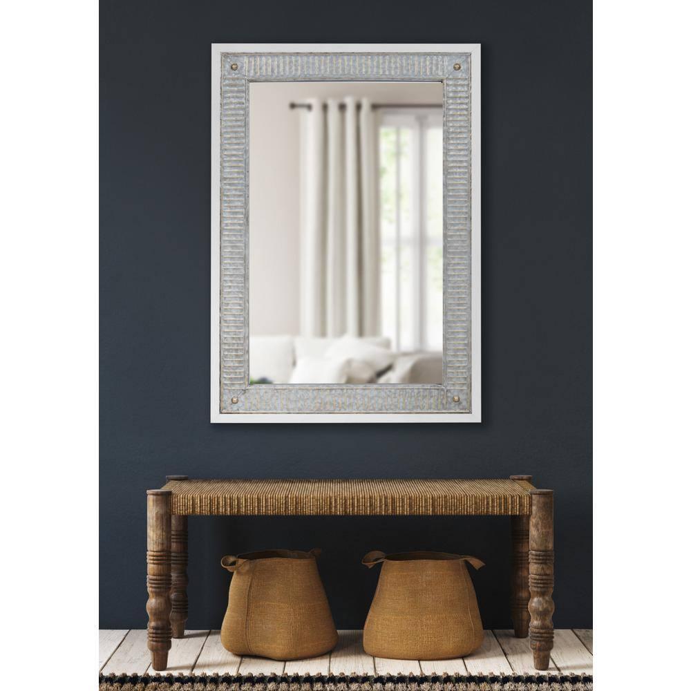 Kate and Laurel Deely Farmhouse Wall Mirror, 27 x 39, White and Silver, Rustic Wall Decor with Galvanized Metal Frame
