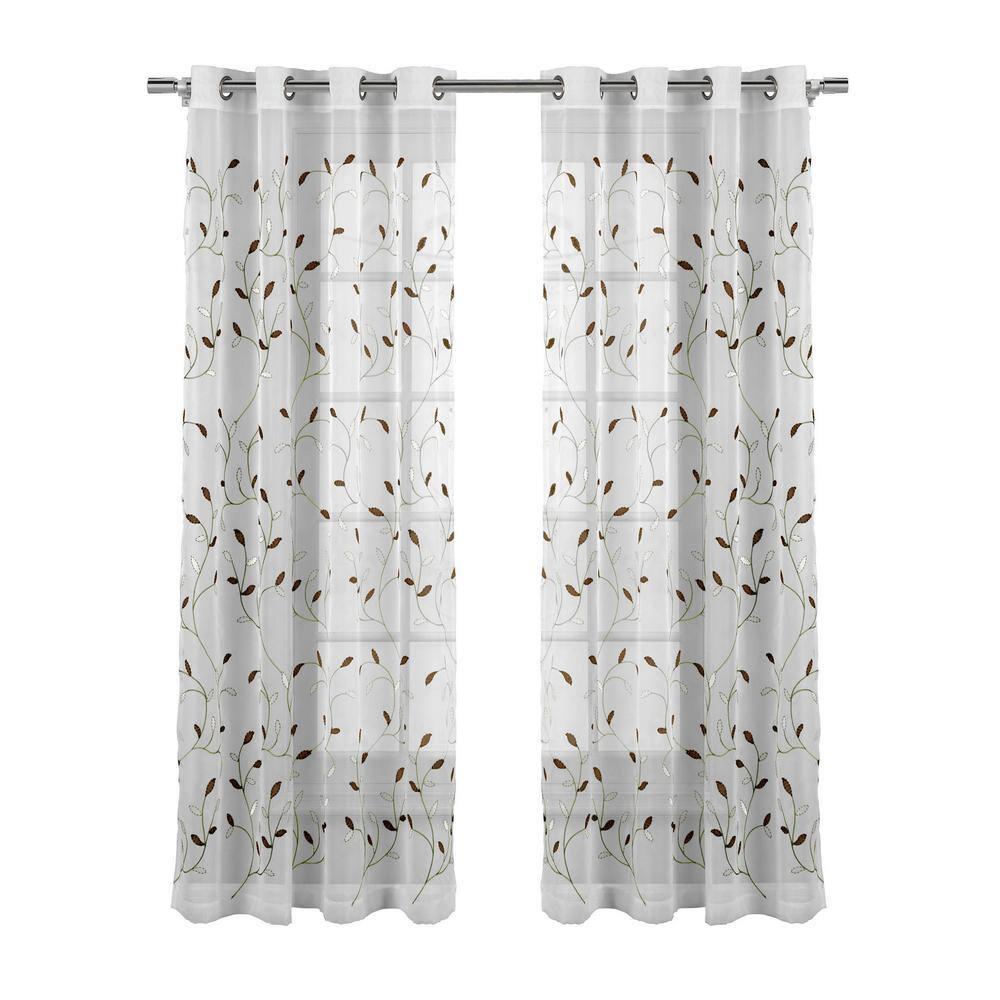 Grommet Curtain Panel, Embroidered Sheer Extra-Wide, Brown 54" x 84"