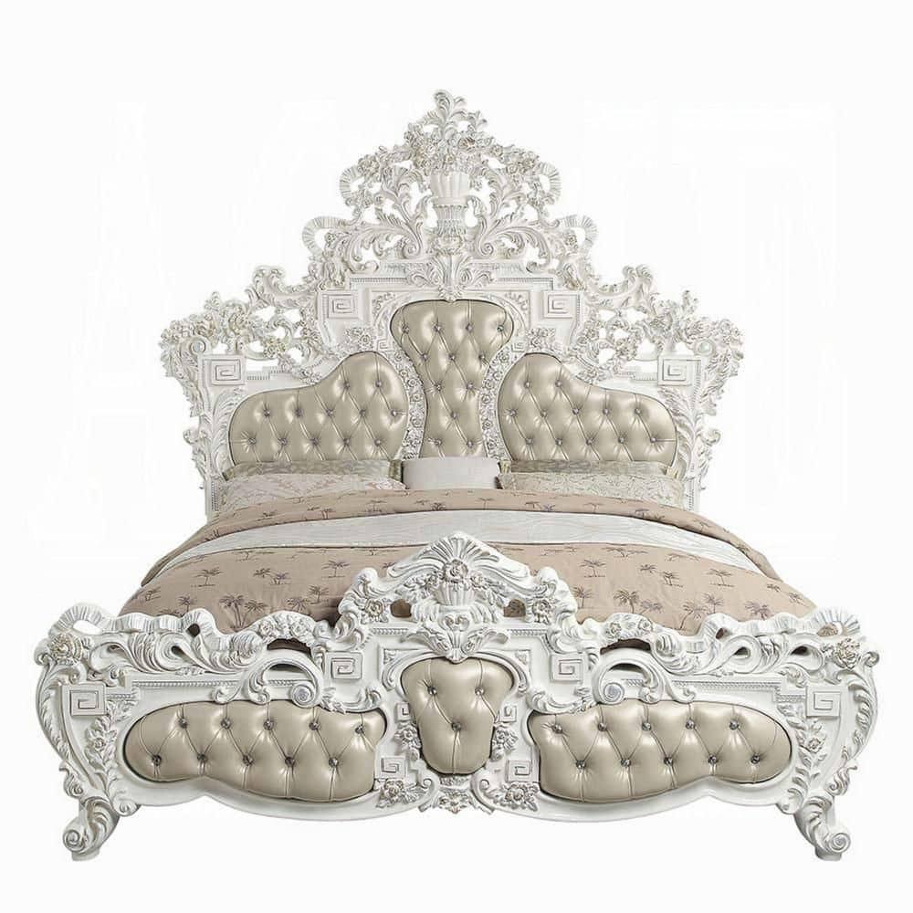 Benjara Kin King Size Bed, Ornate Vintage White, Tufted Beige Faux Leather