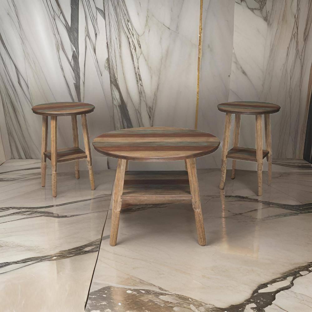 Rustic Plank Style Round Shape Cocktail and 2 End Tables Set of 3 Brown - Saltoro Sherpi