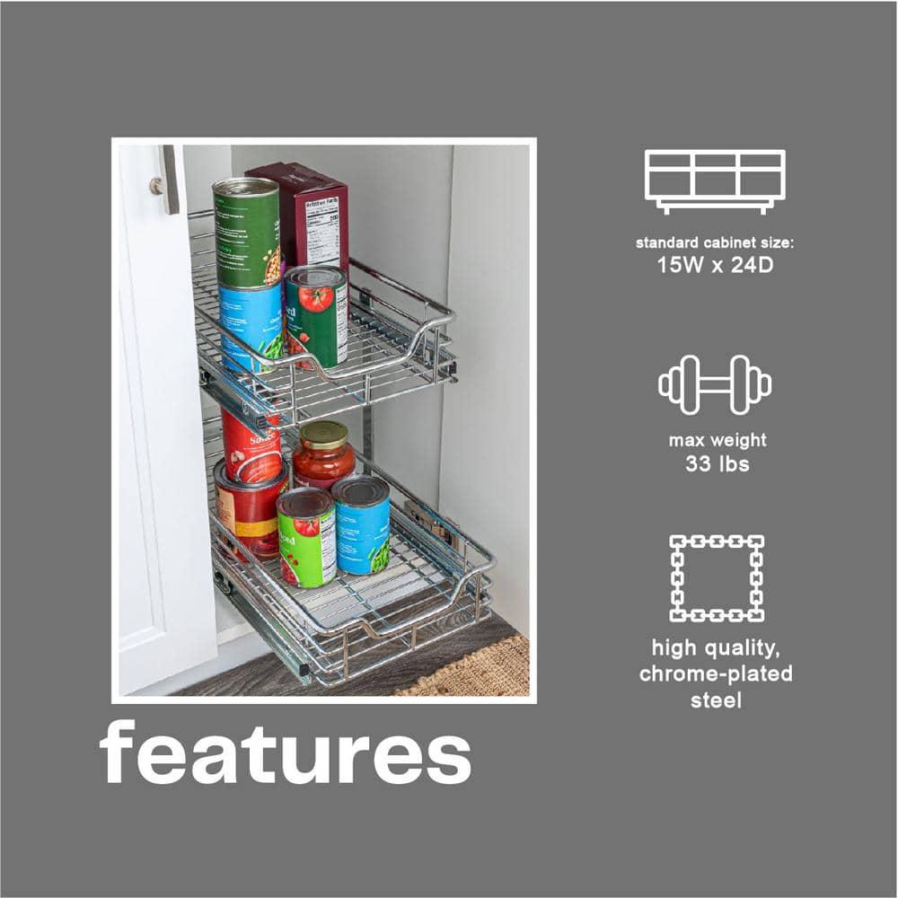 Household Essentials Glidez Multipurpose Chrome-Plated Steel Pull-Out/Slide-Out Storage Organizer for Under Cabinet Use - 2-Tier Design - Fits Standard Size Cabinet or Shelf, Chrome