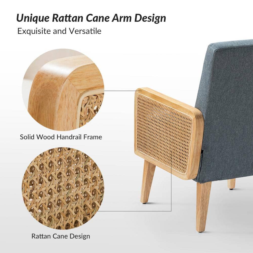 Farmhouse Accent Chair Rattan Armrests Fabric Upholstered Wooden Reading Armchair Living Bedroom Blue
