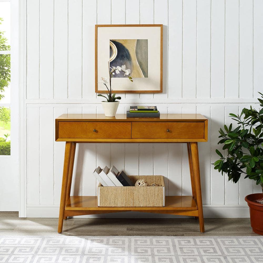Crosley Landon Console Table Acorn: Mid-Century Modern Design, Hardwood with Open Shelf & Drawer