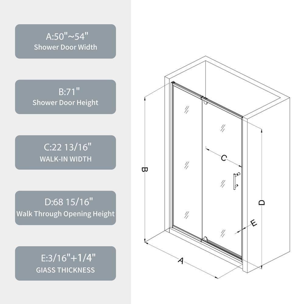 50-54" W X 71" H Piovt Swing Glass Shower Door,Pivot Frame Sliding Shower Door With 1/4"(6Mm) Clear SGCC Tempered Glass, Shower Doors,Reversible Installation