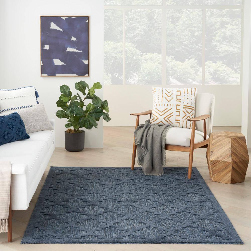 Nourison Easy Care Trellis Flatweave Indoor Outdoor Area Rug 5' x 7' Navy Blue