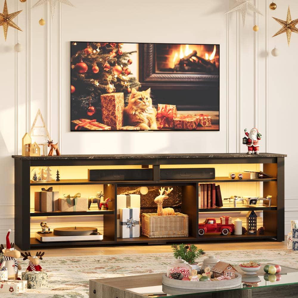 Bestier 70" Gaming Entertainment Center for TV up to 75" LED TV Stand for PS5 Tall TV Console with Shelves Black Marble