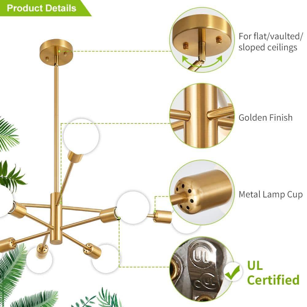 Modern Gold Sputnik Chandelier with 8 Lights E26 Mid Century Ceiling Lighting Fixtures for Living Room, Kitchen Island, Bedroom, Dining Room, and Farmhouse