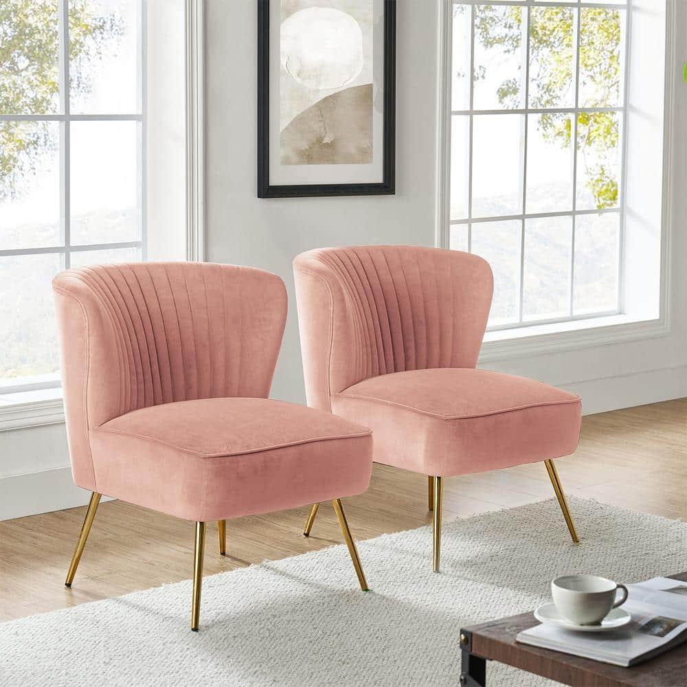 Modern Velvet Accent Chair Set of 2 Upholstered Side Chairs Gold Leg Home Bedroom Pink
