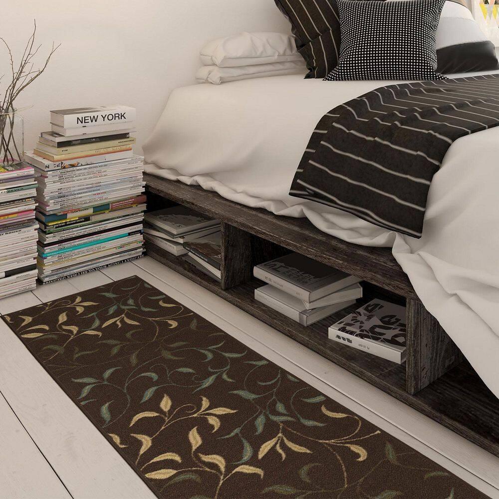 Ottohome Non-Slip Leaves Area Rug For Living Room, Hallway Runner, Entryway Rug, Brown
