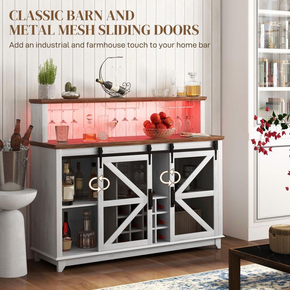 Homiyad 55" Coffee Bar Cabinet with Lights, Farmhouse Wine Cabinet with Wine and Glass Racks for Kitchen, Dining Room, White