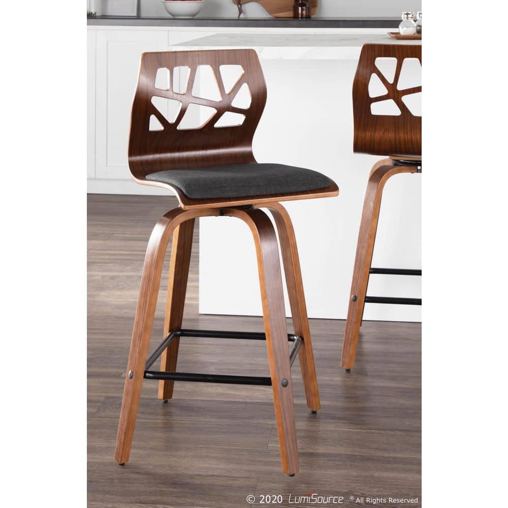 Set of 2 Folia Counter Height Barstools Walnut/Charcoal - LumiSource: Upholstered, Wood Frame, Fixed Height