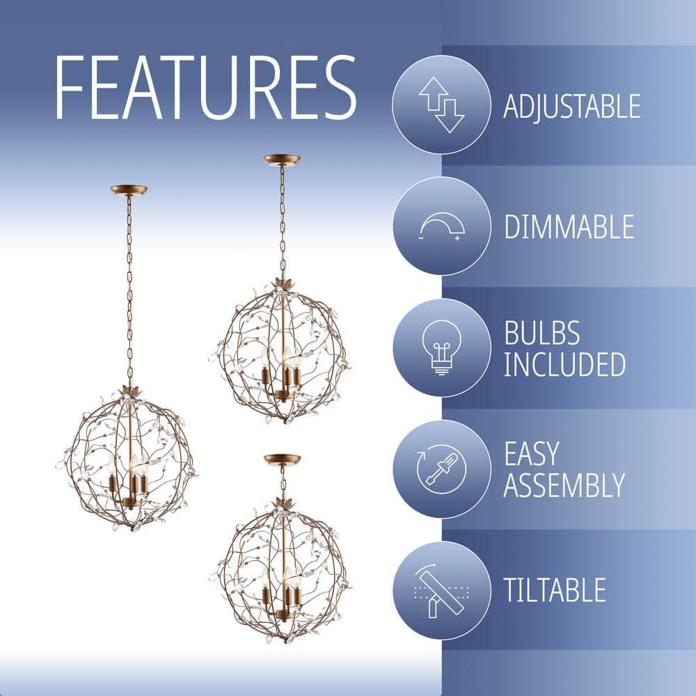 Isabelle 20" Adjustable Metal/Glass LED Pendant, Antique Gold
