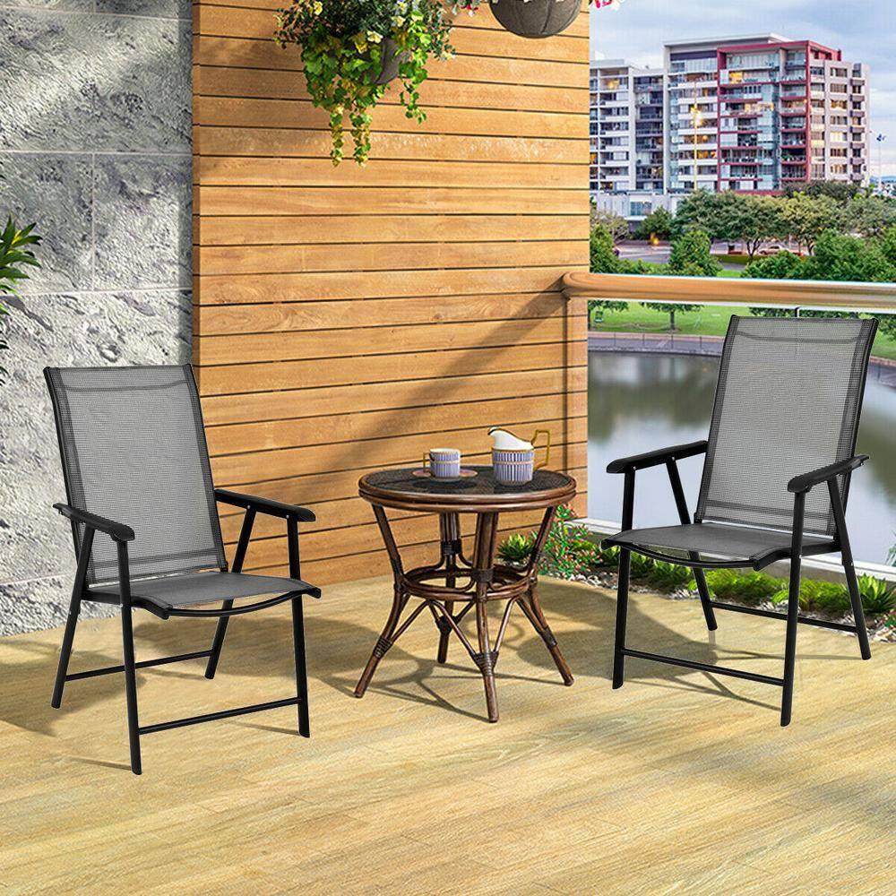 Gray and Black Steel Folding Patio Dining Chairs with Armrests, Set of 2