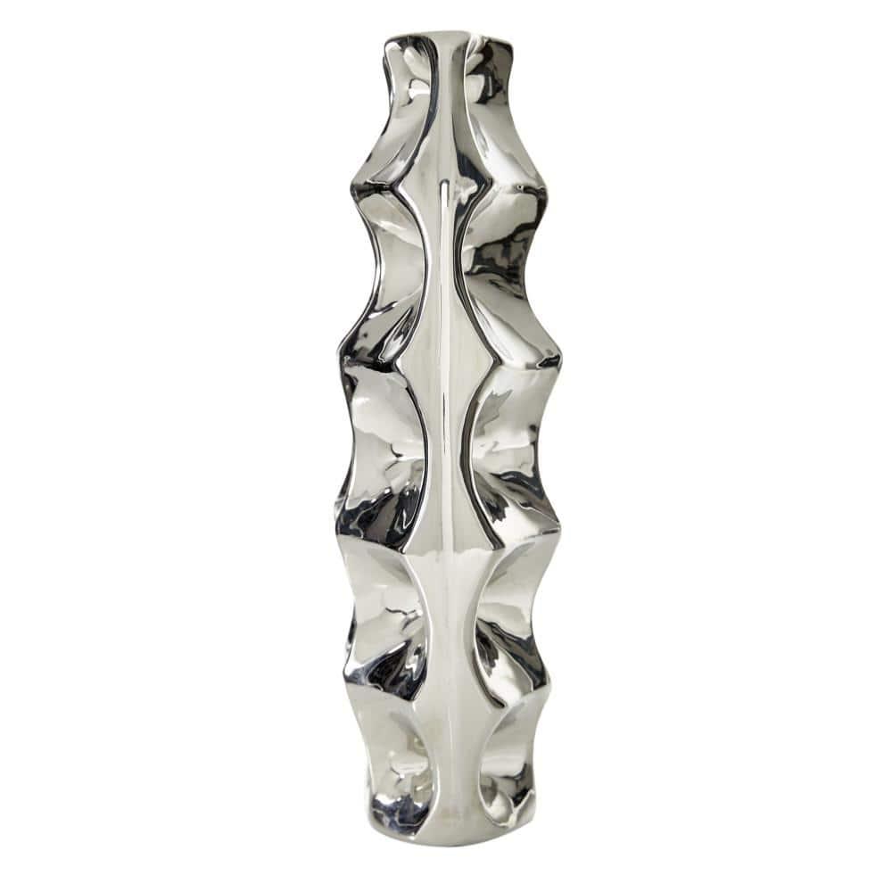 DecMode 14" Silver Ceramic Vase with Cut Out Designs