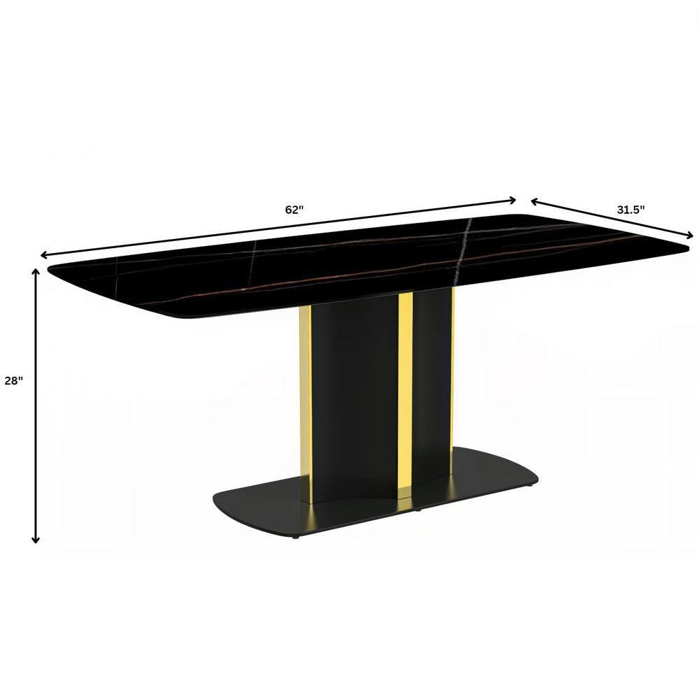 LeisureMod Sylva 62" Rectangular Dining Table Indoor Modern Kitchen Table with Sintered Stone Wide Top and Steel Pedestal Base in Black/Gold