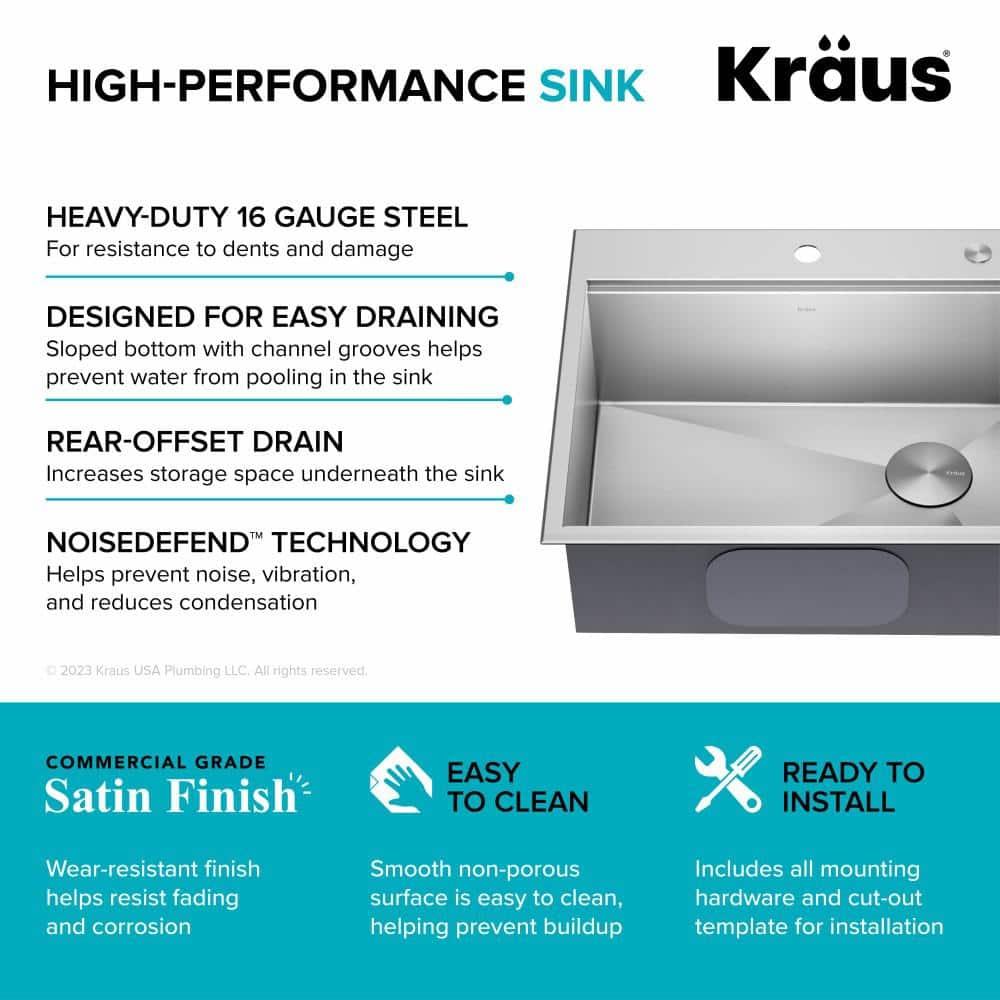 Kraus KWT311-25 KRAUS Kore™ Workstation 25-inch L Drop-In 16 Gauge Single Bowl Stainless Steel Kitchen Sink with Accessories