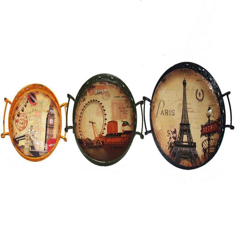 Modern Urban Print Oval Serving Trays with Handles, Set of 3