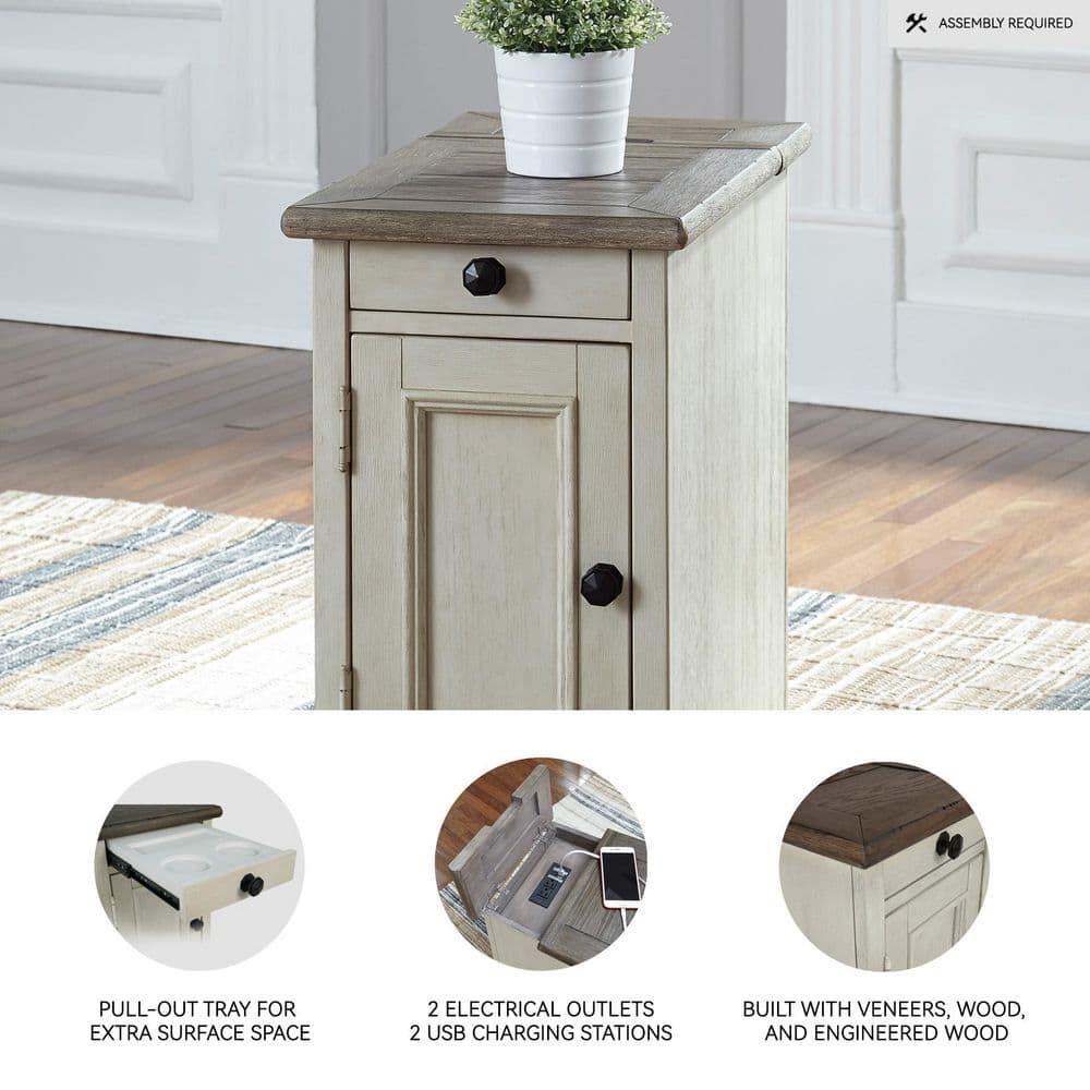 Signature Design by Ashley Bolanburg Chair Side End Table Brown/White: Vintage Style, USB Ports, Storage Cabinet