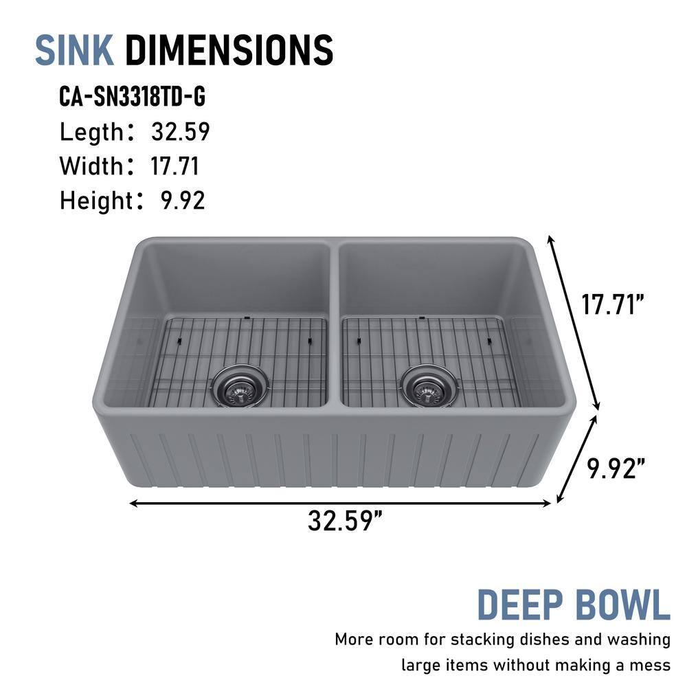 33-Inch Striped Farmhouse Reversible Apron Front Fireclay Double Bowl Kitchen Sink with Grid and Drainer，Matte Grey