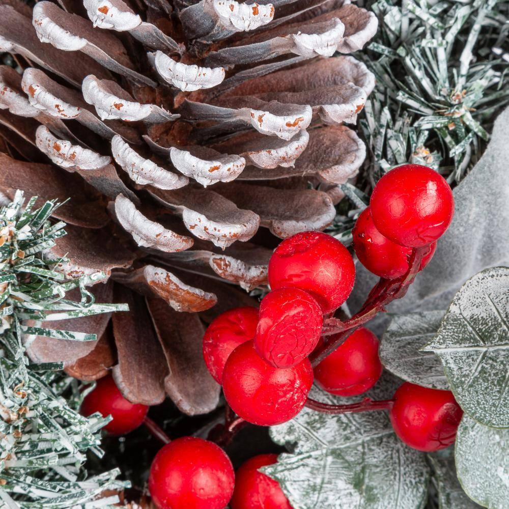 GIL  Snowy Pine Christmas Wreath with Red Berries, Pinecones & Bow