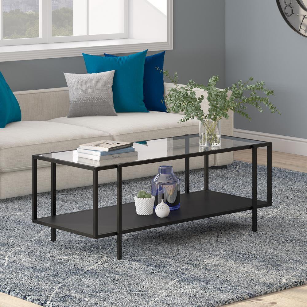 Evelyn&Zoe Vireo 45" Wide Rectangular Coffee Table with Metal Shelf in Blackened Bronze