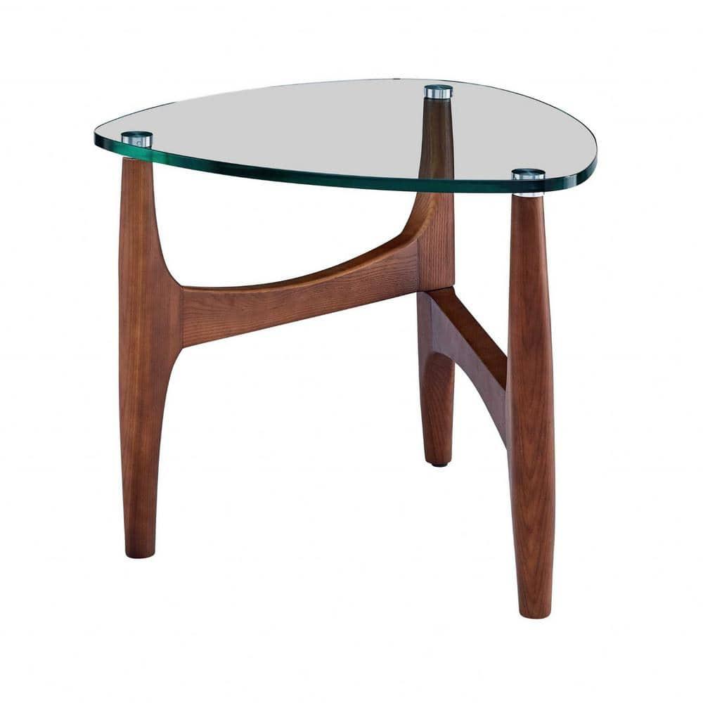 HomeRoots Clear Tempered Glass Side Table with Walnut Base, 23.63 x 23.63 x 19.69 in.
