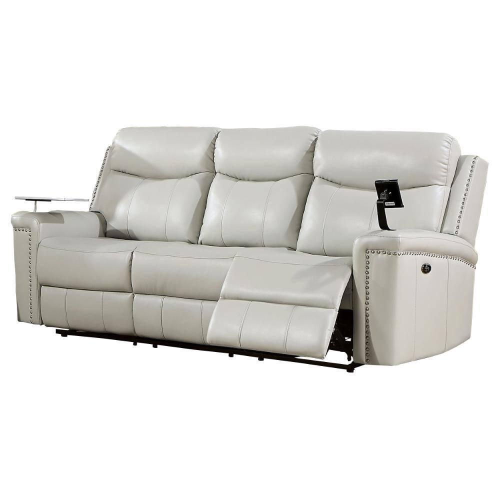 Benjara Flo 87 Inch Power Recliner Sofa, USB, Nailhead, Faux Leather, Light Gray | Wayfair