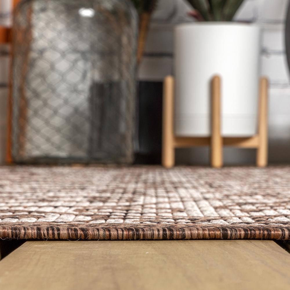5' Square Madrid Vintage Filigree Textured Weave Indoor/Outdoor Area Rug, Taupe/Espresso - JONATHAN Y