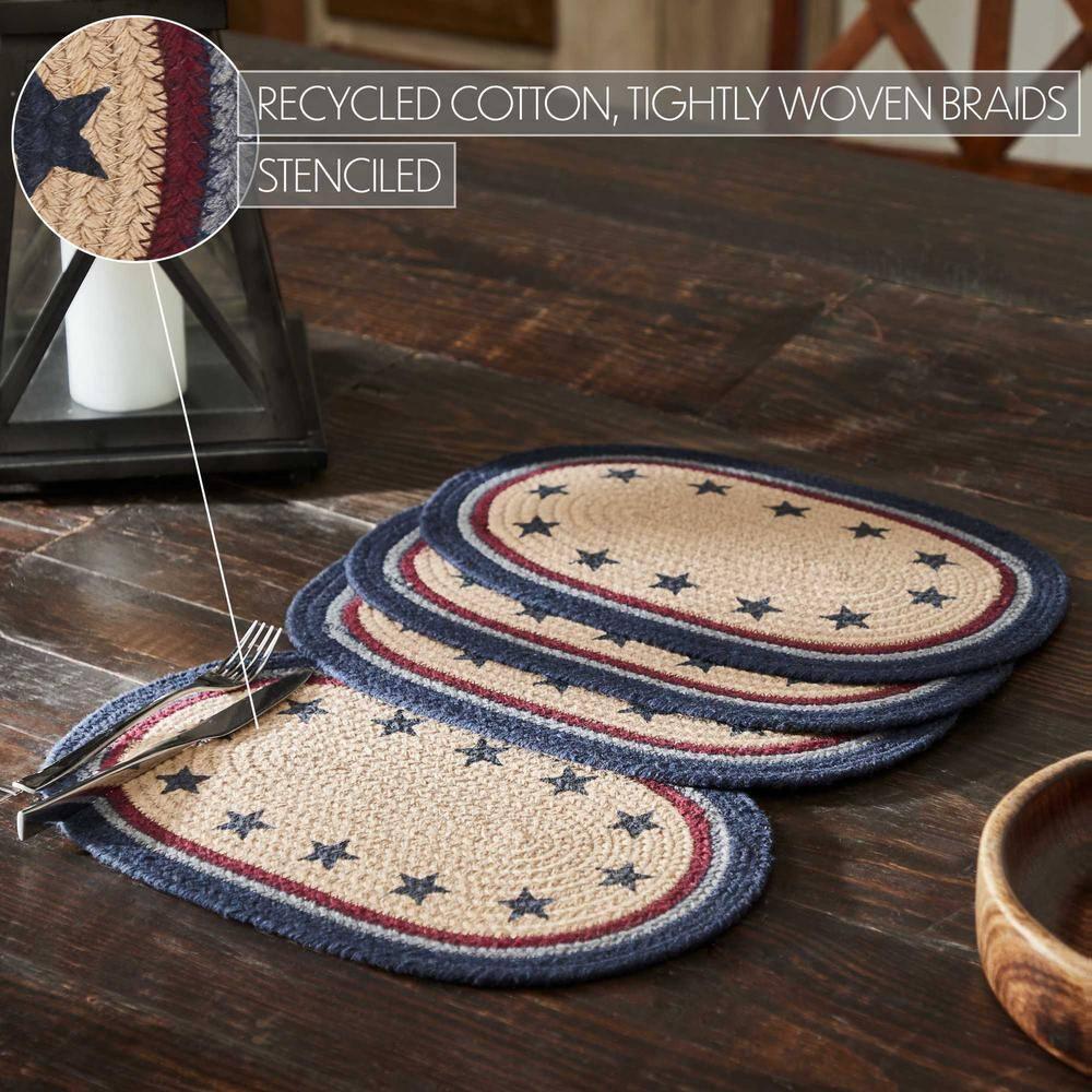 VHC Brands Braided Cotton Placemat 10x15 Set of 4, Cotton Dining Room, Kitchen Placemat, Dining Table Placemats, Woven Place Mat, Stenciled, My Country Collection, Oval 10x15, Stars, Navy