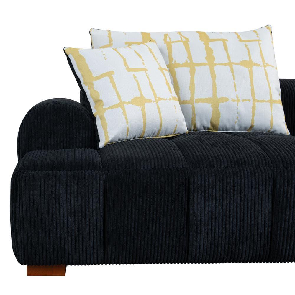 103.9" Modern Couch, Corduroy Fabric Comfy Deep Seat Sofa with Rubber Wood Legs, 4 Tossing Pillows for Living Room, Bedroom, Apartment, Dorm, Black