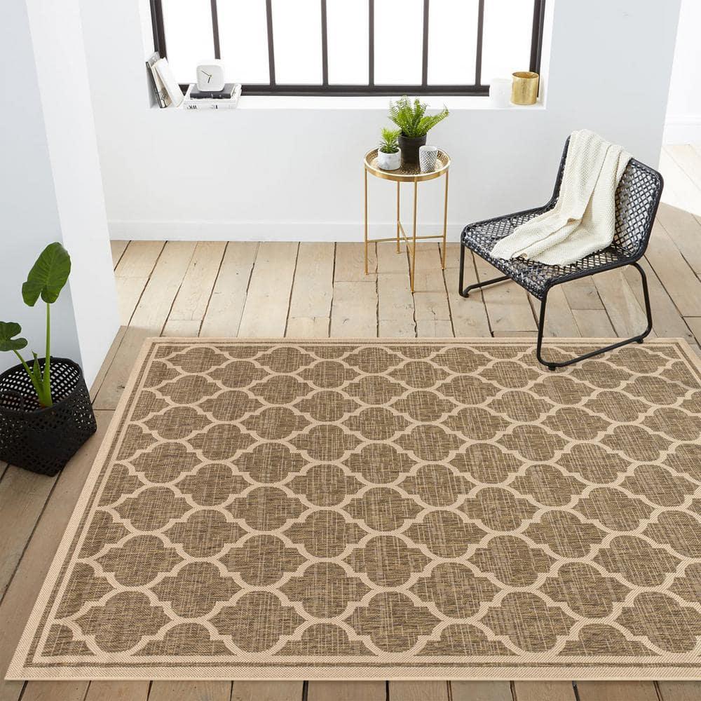3'x5' Trebol Moroccan Trellis Textured Weave Indoor/Outdoor Area Rug, Brown/Beige - JONATHAN Y