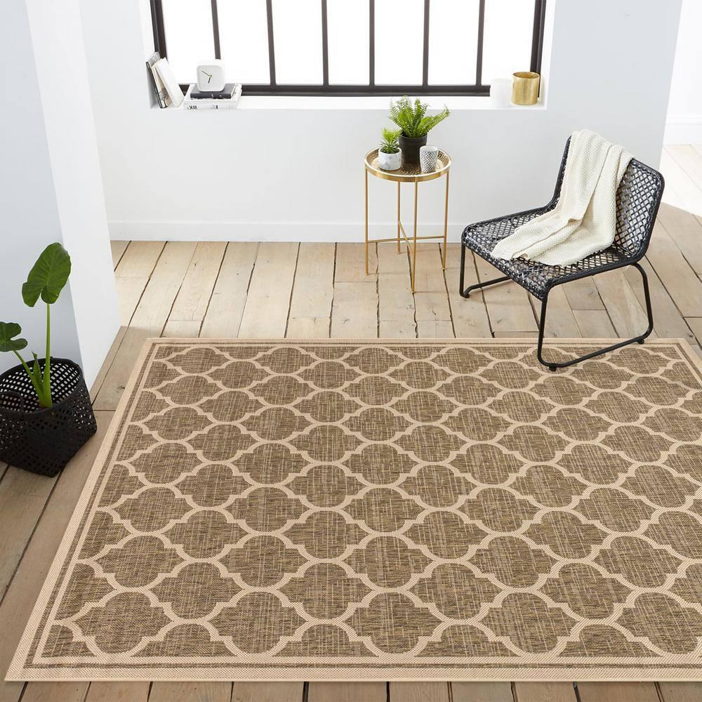 4'x6' Trebol Moroccan Trellis Textured Weave Indoor/Outdoor Area Rug, Brown/Beige - JONATHAN Y