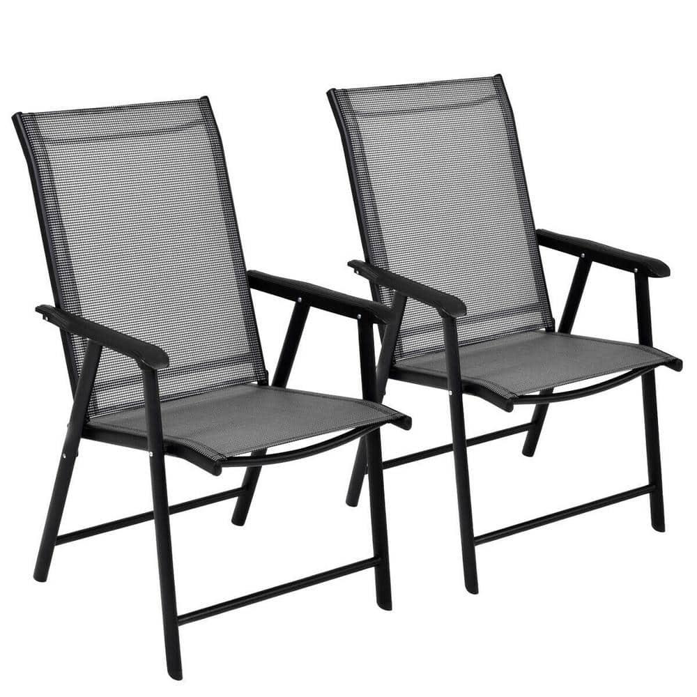 Gray and Black Steel Folding Patio Dining Chairs with Armrests, Set of 2