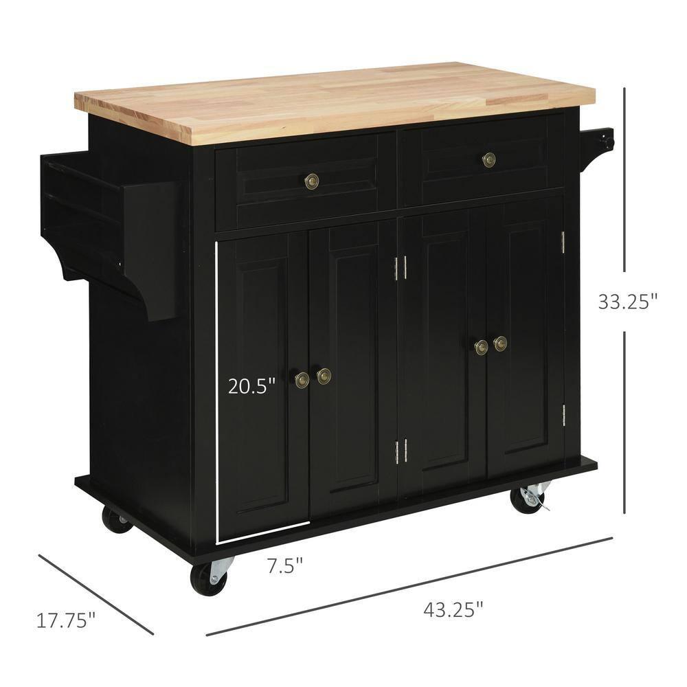 HOMCOM Kitchen Island on Wheels, Rolling Cart with Rubber Wood Top, Spice Rack, Towel Rack & Drawers for Dining Room, Black