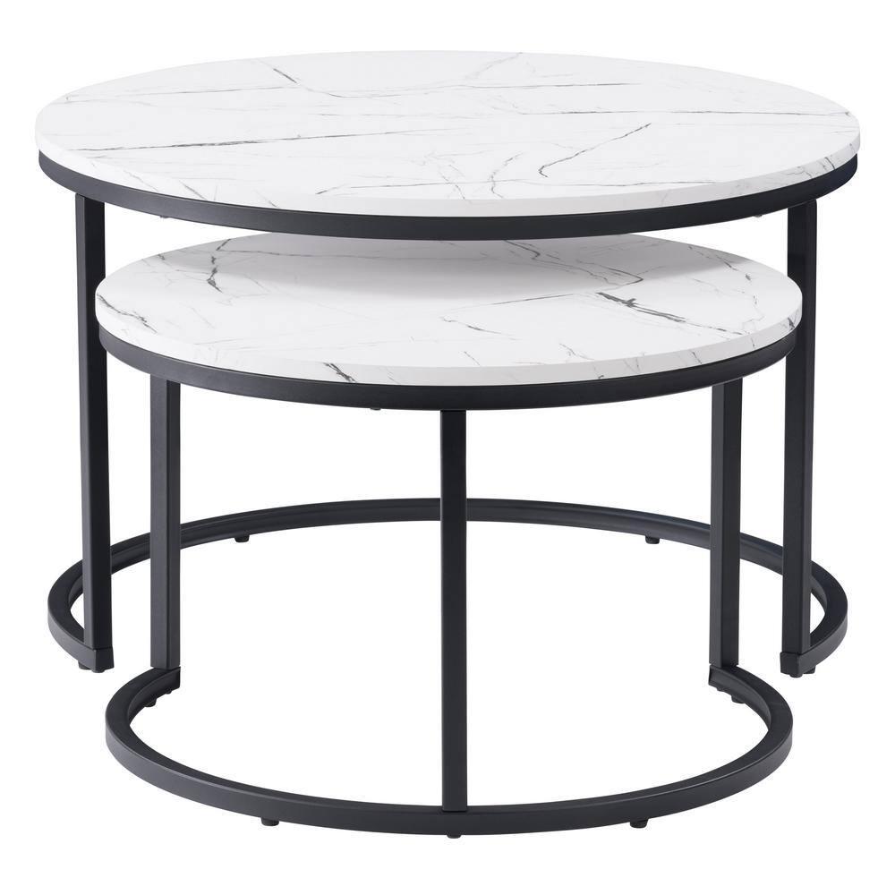 Set of 2 Marbled Finish Forth Worth Round Nesting Coffee Table White - CorLiving: Black Metal Legs, Accent Furniture