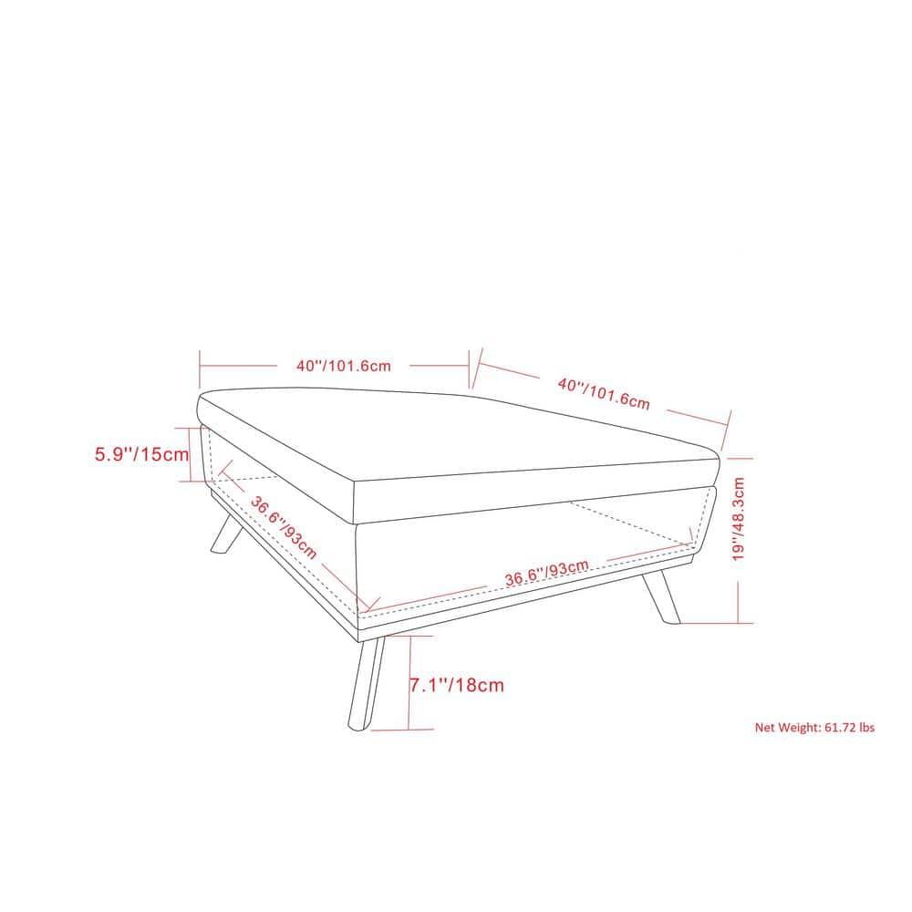 Simpli Home Owen 40"W XL Upholstered Square Coffee Table Storage Ottoman with Lift Top and Solid Wood Legs