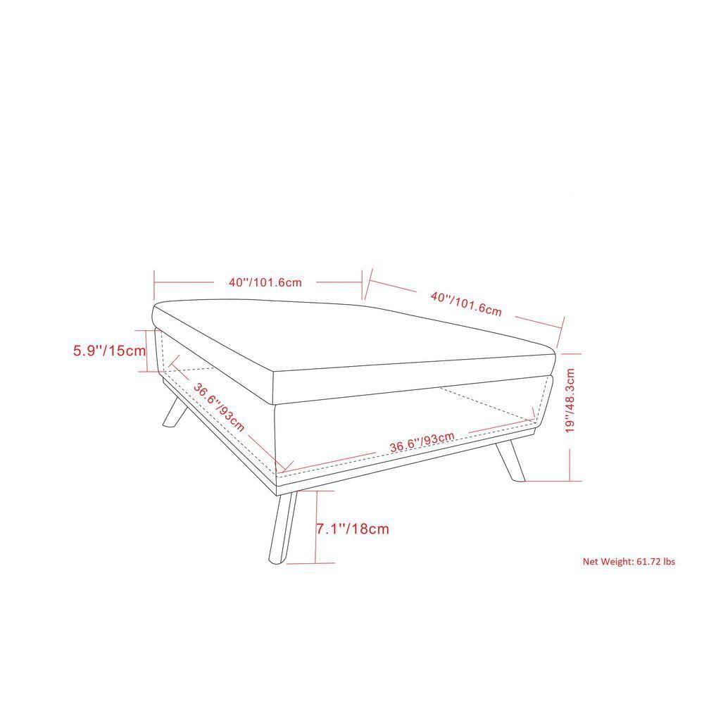 Simpli Home Owen 40"W XL Upholstered Square Coffee Table Storage Ottoman with Lift Top and Solid Wood Legs